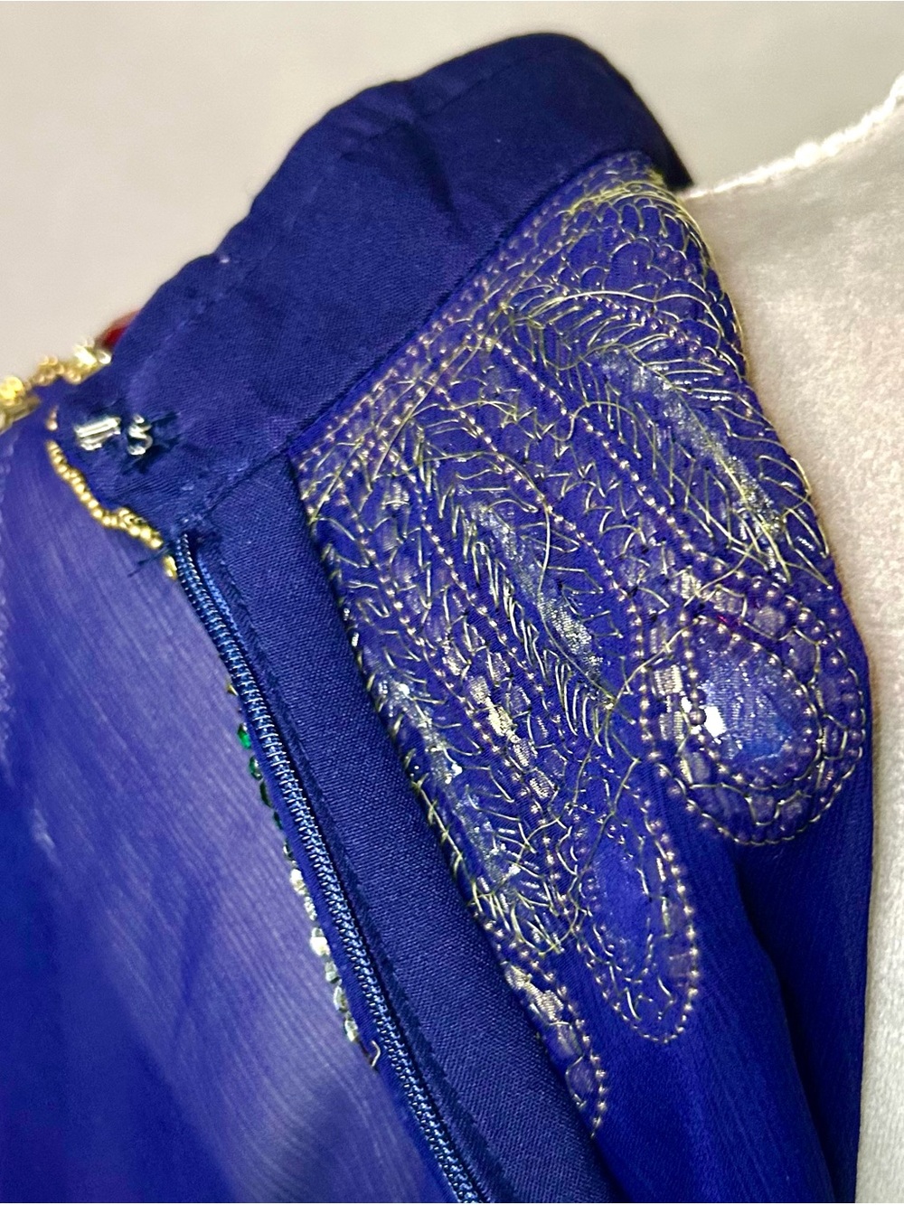 Royal Blue Sheer Hand Beaded Gold, Multicolor Farasha Kaftan Gown, Free Size - Picture 17 of 17